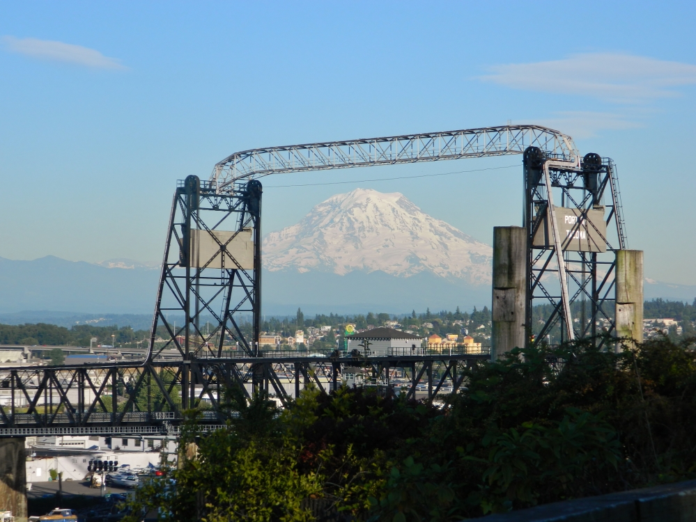 The Murray Morgan Bridge frames Mt. Rainier on a gorgeous sunny day in June 2014. You can get this shot from Fireman's Park in downtown Tacoma. (Photo by Craig Craker)